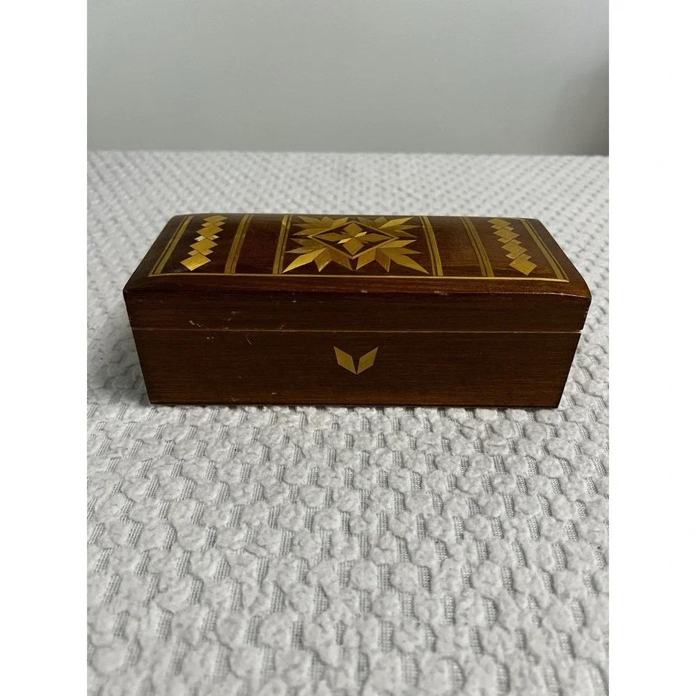 Vtg USSR Russian Inlaid Wood Jewelry Trinket Box Soviet Era MCM Boho Handmade
